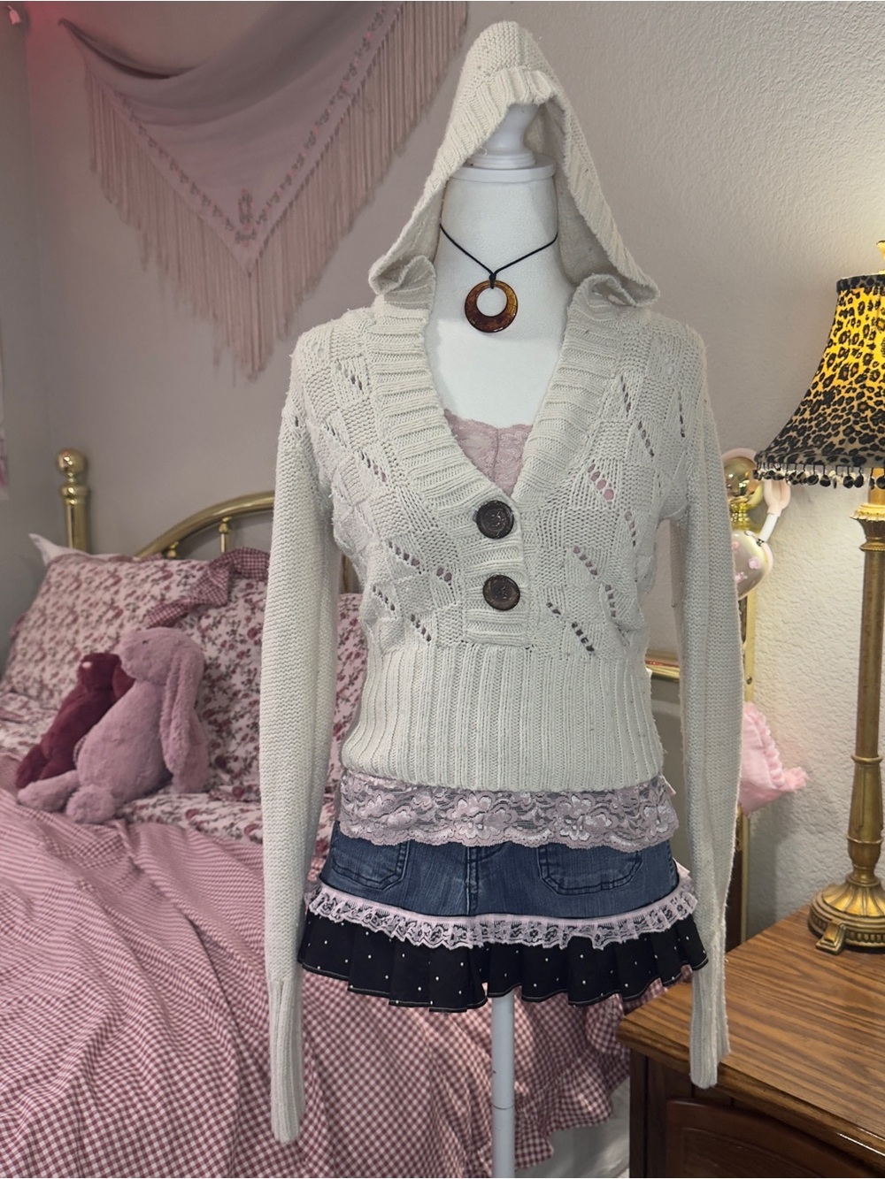 Y2K Cream Hooded Knit Sweater with Button Front - Picture 2 of 7